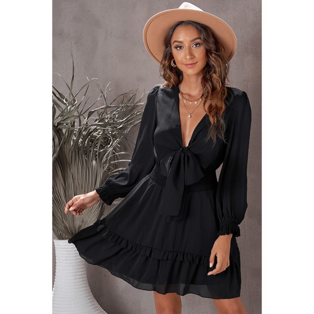 Whispering Meadows Flounce Sleeve Dress - Black